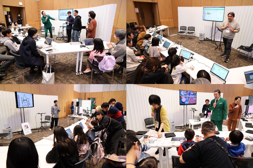 子どもと大人が参加するワークショップで、講師の説明を聞きながらノートパソコンや電子工作に取り組む様子が写された会場風景